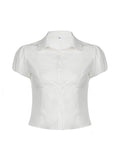White Slim Waist Short Sleeves Shirts-Outfit