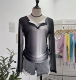 Fake Two Sunscreen Long-Sleeved T-Shirt Women Autumn Design Dizzling Drawstring Folding Short Top