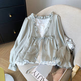 Aesthetic Patchwork Bow Tie Long Sleeve Blouse-Outfit