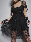 Dark Lace Mall Gothic Aesthetic Black Women Dresses Grunge See Through Sexy Puff Sleeve Mini Dress A-line Summer