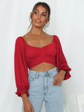 Sleeve Top Women Tie Back Crop Top Y2K Square Neck T Shirt Slim Lantern Sleeve Tops New Year 2023 Fall Spring Woman