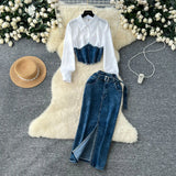 Fongt Version Of The Goddess Fan Fashion Splicing Two Long-Sleeved Shirt Women Belt Belts Waist Cowboy Half Dress Two Sets