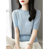 Sweater T-Shirt Women's Wear New Summer Half-High Collar Chic Premium Ice-Sensitive Silk Black Blouse Thin-Outfit