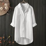 Fongt Women's Clothing 2025 Spring And Autumn Casual Style Pure Shirt Women Loose Cotton T-Shirt Double Pocket Long-Sleeved