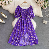 Summer New French Soft Style Sweet American Collar Bubble Short Sleeves Waist Show Thin Forked A-Shaped Dress-Outfit
