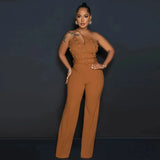 Leisure Party Women's Pants Slim Fit One Shoulder Off Back Solid Color Beaded Sexy Elegant Jumpsuit-Outfit