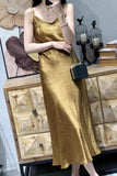Summer New High-Grade Silk Surface Acetic Acid Temperament Long Suspender Dress V-Collar Pleated Gas Skirt-Outfit