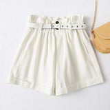 Women Elegant Solid High Waist Shorts with Belt Pockets Female Retro Basic Casual Shorts Pantalones