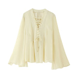 Fongt Women's New Lace Decoration Chiffon Loose Long-Sleeved Shirt Top