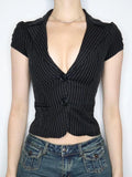 Fongt Hottie Wind Depth V Collar Striped Shirt Two Buckle Cardigan Waist Type Short-Sleeved Commuting Base Suit