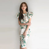 Sexy Puff Sleeve Office Lady Vestidos Summer Elegant Slim Waist Female Print