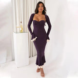Solid Long Flared Two-piece Crop Sleeve Midi Dress-Outfit