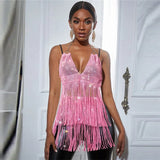 Women New Solid Tassel Sexy Two Piece Set Rhinestone V Neck Sleeveless Halter Backless Top Camis Hollow Out Party Mini