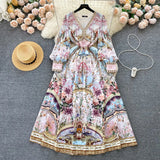 Fongt Court Style Retro Print Temperament V Collar Bubble Sleeve Long Dress High-End Niche Dress Dress
