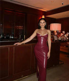 Burgundy Strapless PU Leather Maxi Dress-Outfit