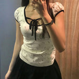 Flower Printing Lace-Up Bubble Bubble Short-Sleeved Knitted T-Shirt Slim, Hanging Neck, Sweet Blouse-Outfit