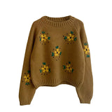 Fongt Autumn And Winter New Hook Flower Stereo Embroidery Art Retro Pullover Sweater Loose Show Thin Short Sweater Woman-Outfit