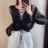 Girls Hollow Straps In Long-Sleeved Cardigan Women Autumn New Korean Version Of The Micro-Permeable Sunscreen Cover Shirt
