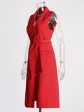 Elegance Elegant Style Suit Dress 2025 Summer New Solid Sleeveless V Tie Belt Bodysuit Dress
