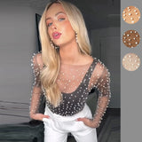 Fongt Spring And Summer Explosion Of Women's Clothing Bubble Beads Perspective Mesh Long-Sleeved Top