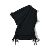 Early Spring New Street Wind Slant Collar Rope Slimming To Show A Thin Solid Color Blouse-Outfit