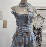 Real Shooting Retro Tie-Dye-Print Mesh Sling Sling Sling Vest Irregular Lotus Leaf Edge Ribbon Sleeveless Top