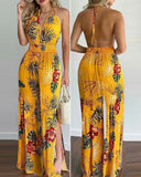 New Style Women Floral Print Long Jumpsuits Summer Sleeveless Deep V-neck Backless Halter Loose Jumpsuit For Holiday