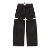 Women's Denim Pants Loose Waist Zip Hollow Out Solid Color Wide-leg Floor-length Jeans Autumn 2023 New Tide-Outfit