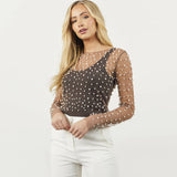 Fongt Spring And Summer Explosion Of Women's Clothing Bubble Beads Perspective Mesh Long-Sleeved Top