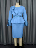 Fongt Round Collar Horn Sleeve Temperament Dress Party Wind Lotus Leaf Side Squint High Waist Dress Dress