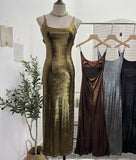 Real Shooting 鎏金带 Dress Bare Back Repair Behind The Opening Fork Long Bag Over The Knee Dress