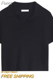 Knitted Basic Solid T-shirt Women Vintage Casual Short Sleeve Turn-down Collar Tee Shirts 2023 Korean Fashion Female