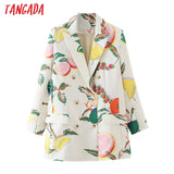 Women 2020 Fashion Fruit Print Blazer Coat Vintage Double Breasted Long Sleeve Female Outerwear Chic Tops