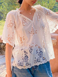 Fongt New French White Embroidered Little Shirt Women's Short-Sleeved Lace Jersey Shenzhen South Oil Women's