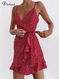 Summer Red Short Wrap Dress For Women 2022 Boho Sexy Printed Spaghetti Strap Light Beach Sundress Party Female