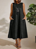 Fongt Plus-Size Women's Commuting Round Collar Solid Color Sleeveless Pocket