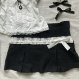 Lace Fungus Slim Fit Short Sleeve Tops Women+ Y2k High Waist Bow Patchwork Skirts 2024 Summer New Two Piece Sets-Outfit