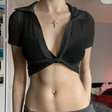 Fongt Sexy Thin Spring Perspective Open Fork Design T-Shirt Hottie Short External Mesh Sunscreen Shirt