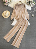 Fongt Suit Women's Korean Version Of Loose Knitted Hoodie Two Sets Of Leisure High-Rise Thin Straight Broad Leg Pants