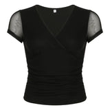 Solid Color Deep Cross V-Neck Short Sleeve Tee-Outfit