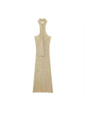 Beige Draped Halter Neck Knit Midi Dress-Outfit