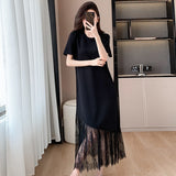 Fongt High-End Lace Splicing Dress 2025 Light Luxury Temperament Slim Thin Short Sleeve Black Dress
