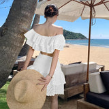 Vacation Wind One Word Shoulder Short Jacket Wrapped Hip Cake Skirt Women Summer Seaside Vacation Two-Piece Set-Outfit