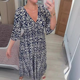 Fongt New Plus-Size Loose Long Beach Vacation Beach Dress V-Neck Floral Dress-Outfit