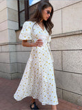 Print Dress 2024 New Women's Bubble Sleeve V Tie With Short Sleeve Print Dress-Outfit