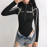 Fongt Wind Line Feeling Hot Girl Tight Zipper Splicing High Collar Long Sleeve Onesie 2024 Early Autumn Women's