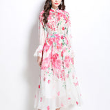 Fongt Senior Sense With Lantern Sleeve Print Chiffon Top Female High Waist Hanging Large Skirt Suit
