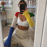 Patchwork Sexy Crop Top Long Sleeve Backless Summer 2021 Vintage Beach Knitted T Shirt Casual Party
