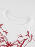 Butterfly Print White Crop Top-Outfit