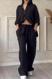 Fongt New Women's Solid Color Single-Button Long-Sleeved Shirt Two Sets Of Wide Leg Trousers With